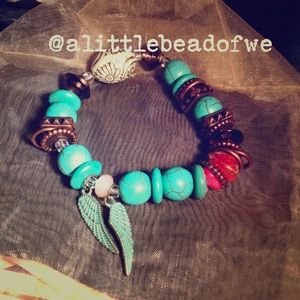 Handmade Turquoise Glass & Wooden Beaded Bracelet